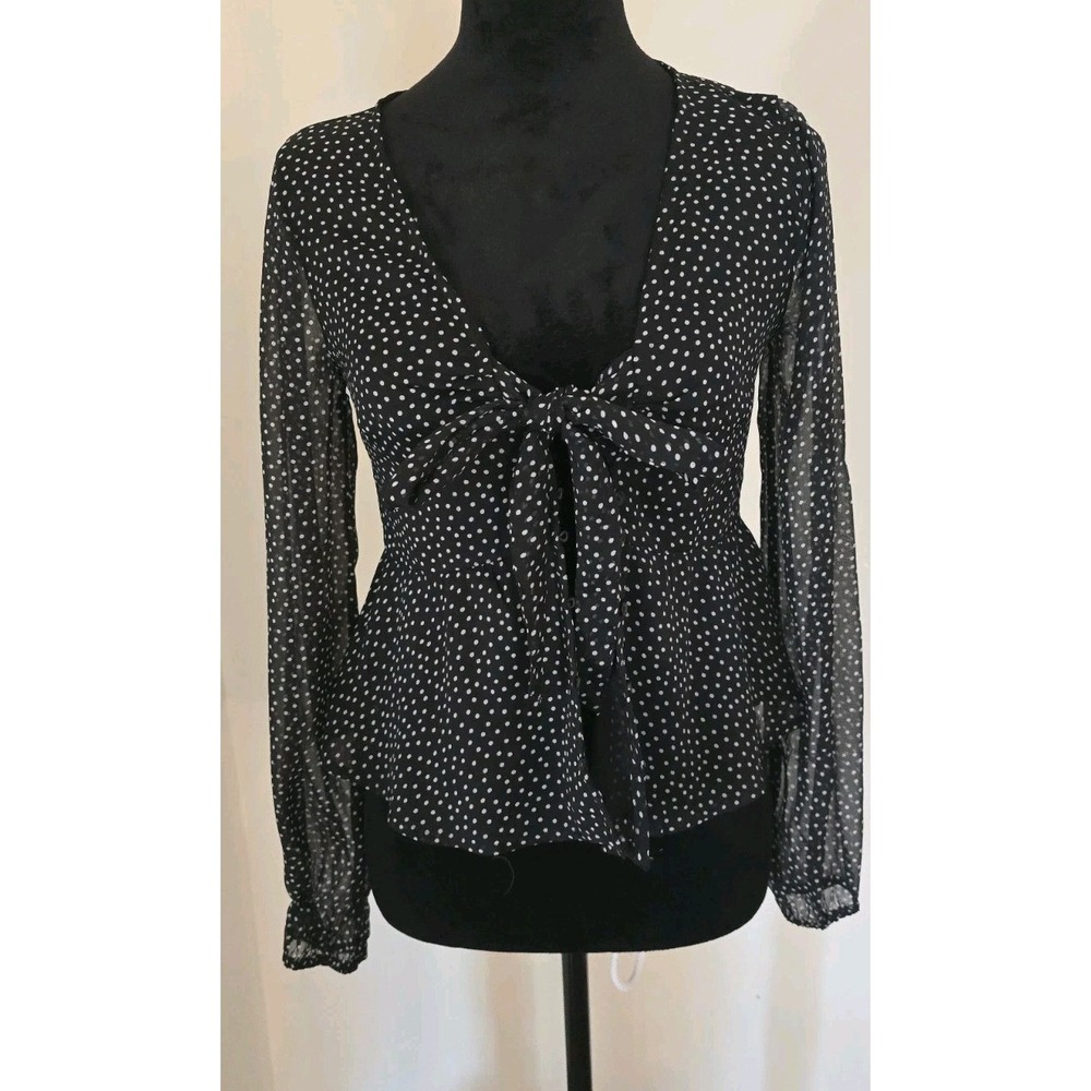 Abercrombie & Fitch Y2K Black White Polka Dot Sheer Tie Front Peplum Top‎ Blouse
